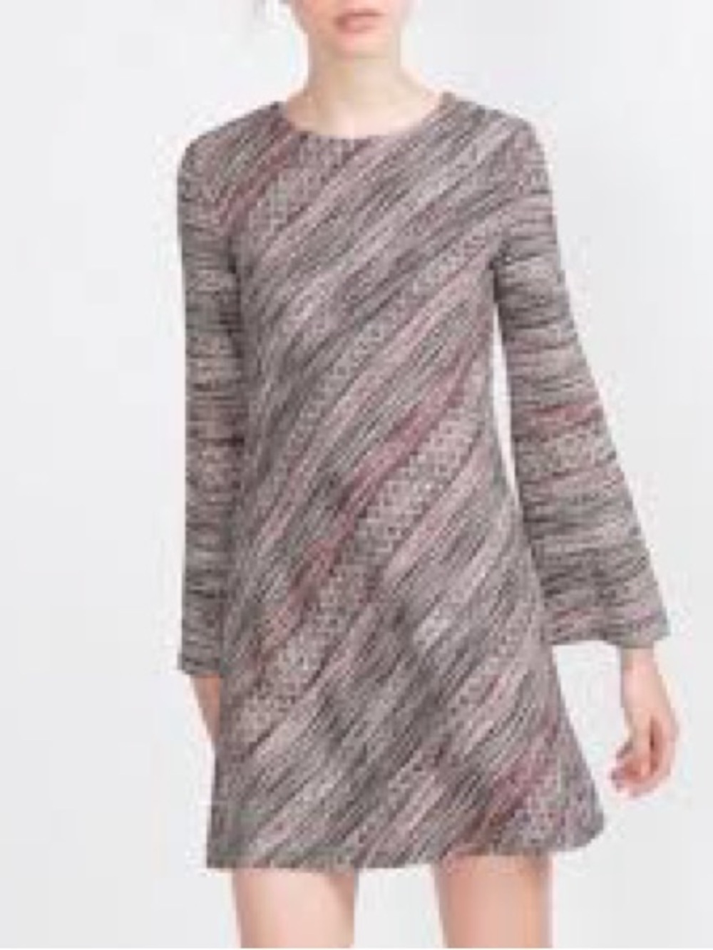 Zara Woman Textured Jacquard Stripe Shift Dress Bell Sleeve A-Line Size Large